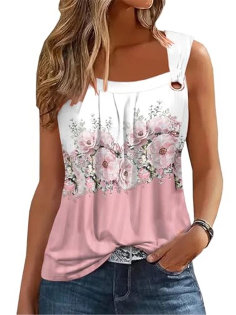 Womens Square Neck Tank Top Sleeveless Pleated Loose Summer Blouse Shirt